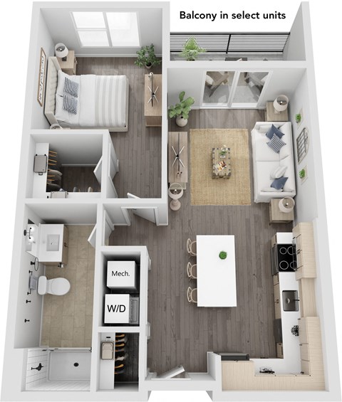 Floor plan for 1 bed, 1 bath, 723 sqft